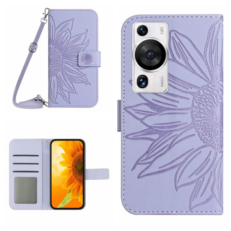 For Huawei P60 Pro Skin Feel Sun Flower Embossed Flip Leather Phone Case with Lanyard
