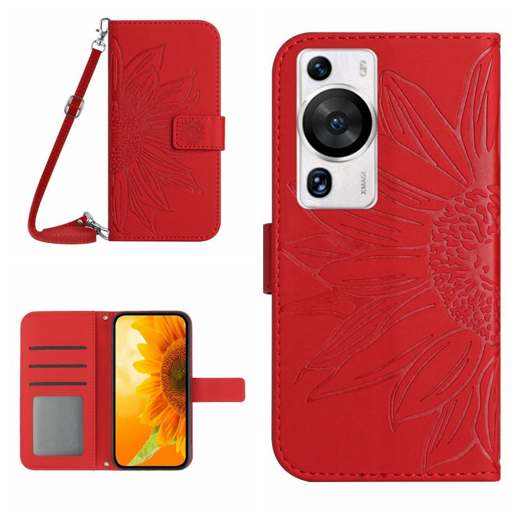 For Huawei P60 Pro Skin Feel Sun Flower Embossed Flip Leather Phone Case with Lanyard