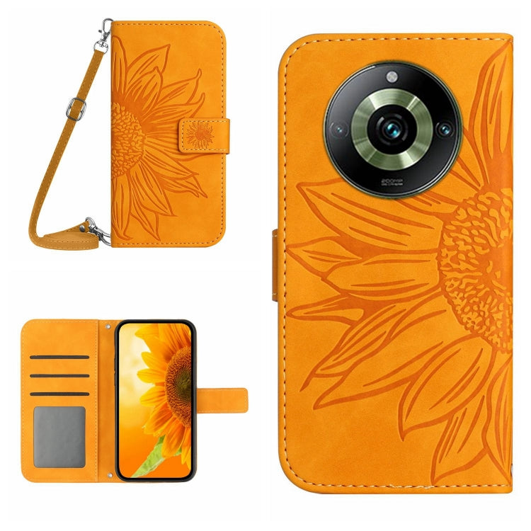 For Realme 11 Pro Skin Feel Sun Flower Embossed Flip Leather Phone Case with Lanyard