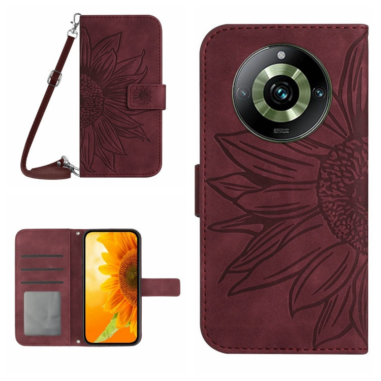 For Realme 11 Pro Skin Feel Sun Flower Embossed Flip Leather Phone Case with Lanyard
