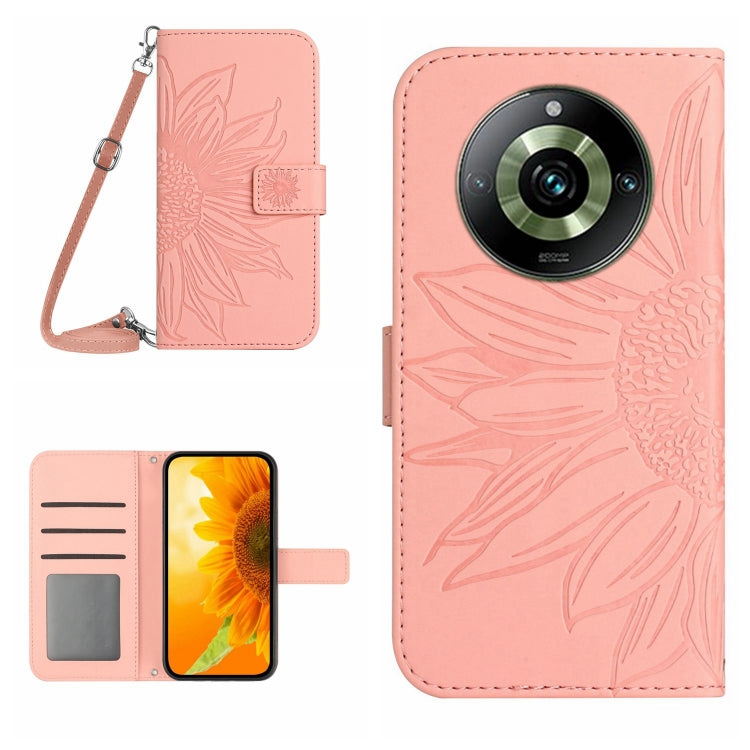 For Realme 11 Pro Skin Feel Sun Flower Embossed Flip Leather Phone Case with Lanyard