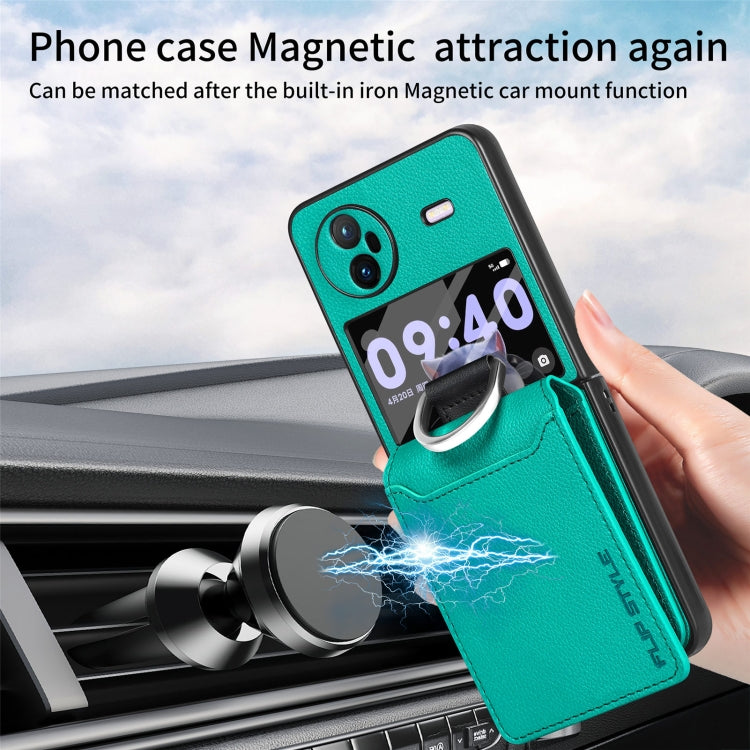For vivo X Flip Litchi Texture Card Bag Shockproof Phone Case with Ring Holder / Film