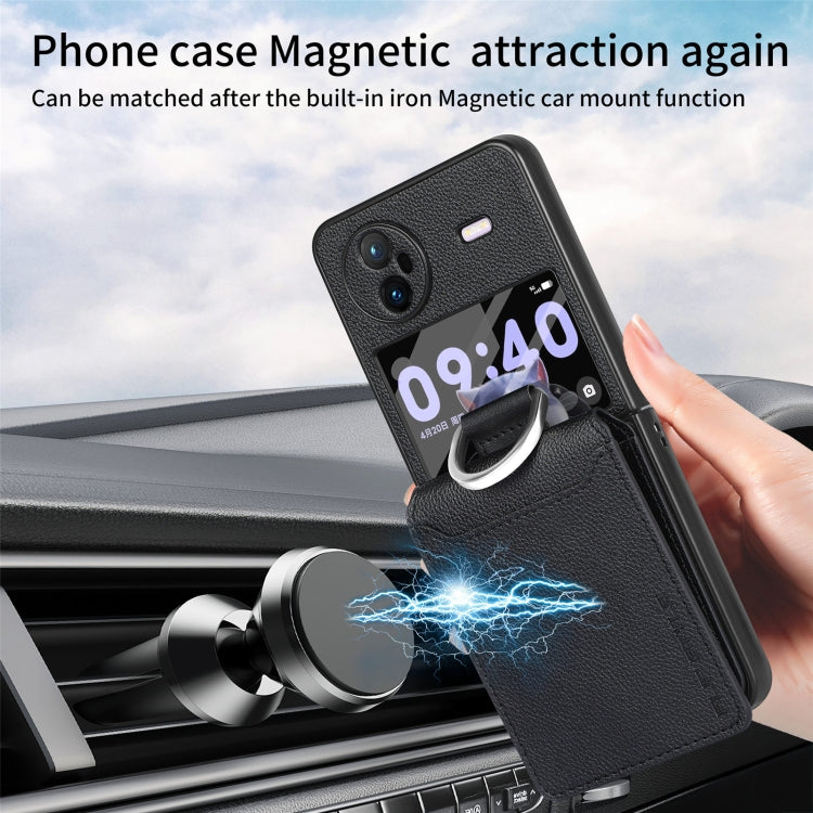 For vivo X Flip Litchi Texture Card Bag Shockproof Phone Case with Ring Holder / Film