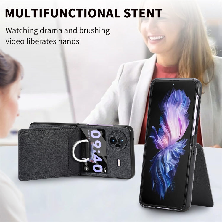 For vivo X Flip Litchi Texture Card Bag Shockproof Phone Case with Ring Holder / Film