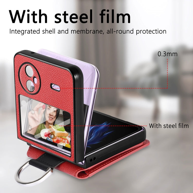 For vivo X Flip Litchi Texture Card Bag Shockproof Phone Case with Ring Holder / Film
