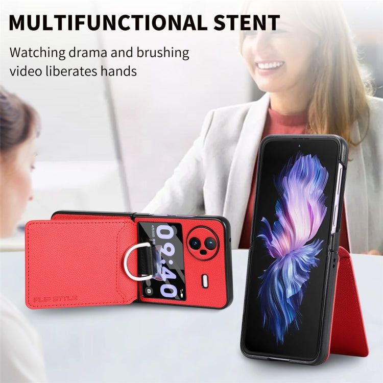 For vivo X Flip Litchi Texture Card Bag Shockproof Phone Case with Ring Holder / Film