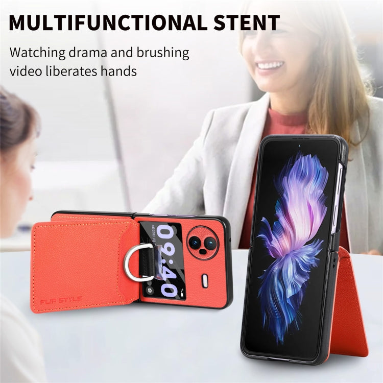 For vivo X Flip Litchi Texture Card Bag Shockproof Phone Case with Ring Holder / Film