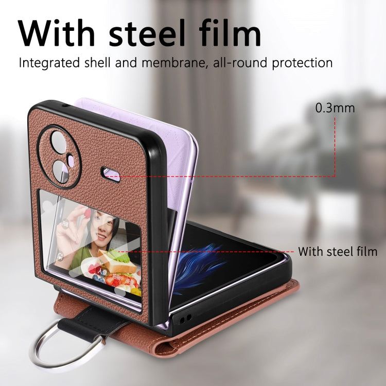 For vivo X Flip Litchi Texture Card Bag Shockproof Phone Case with Ring Holder / Film