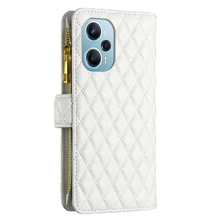 For Xiaomi Poco F5 5G / Redmi Note 12 Turbo Diamond Lattice Zipper Wallet Leather Flip Phone Case