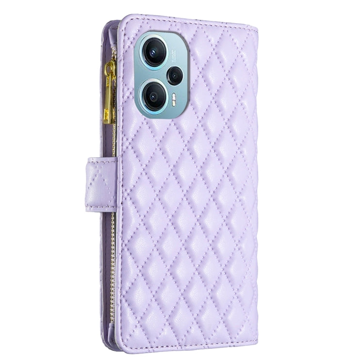 For Xiaomi Poco F5 5G / Redmi Note 12 Turbo Diamond Lattice Zipper Wallet Leather Flip Phone Case