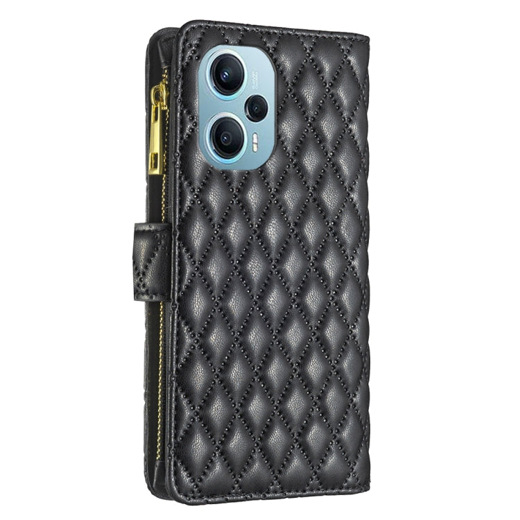 For Xiaomi Poco F5 5G / Redmi Note 12 Turbo Diamond Lattice Zipper Wallet Leather Flip Phone Case