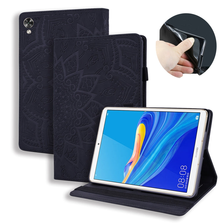 For Huawei MediaPad M6 8.4 Calf Pattern Double Folding Design Embossed Leather Case with Holder & Card Slots & Pen Slot & Elastic Band