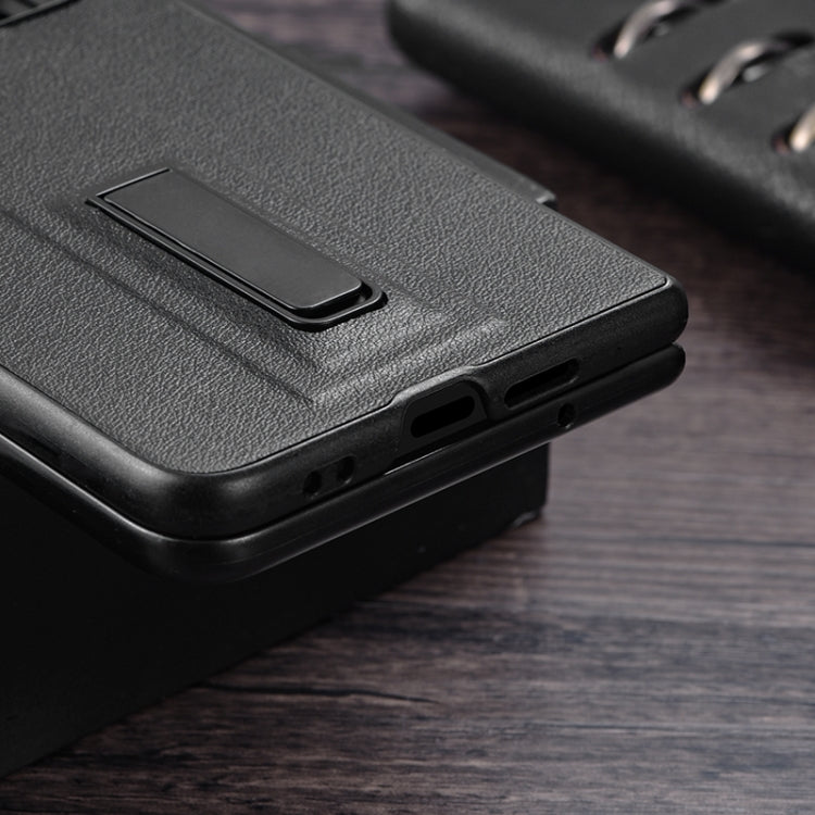 For Google Pixel Fold PC + Leather Texture Protective Phone Case with Metal Holder