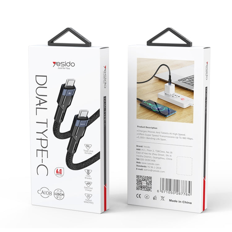 YESIDO CA108 1.2m 60W USB-C / Type-C to Type-C OD0.6 Charging Data Cable(Black+Blue)