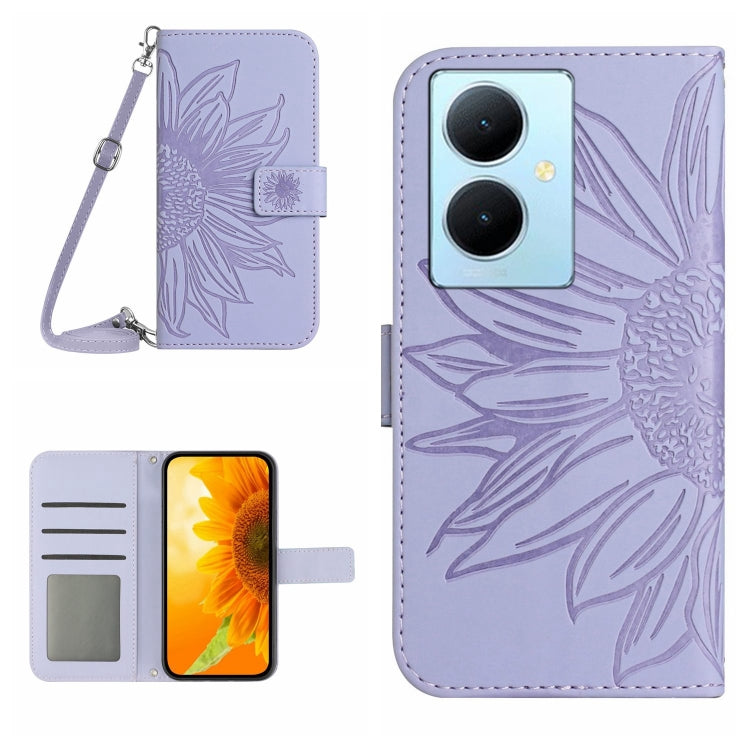 For vivo Y78+ Skin Feel Sun Flower Embossed Flip Leather Phone Case with Lanyard