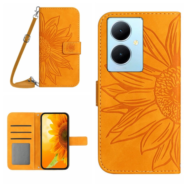 For vivo Y78+ Skin Feel Sun Flower Embossed Flip Leather Phone Case with Lanyard