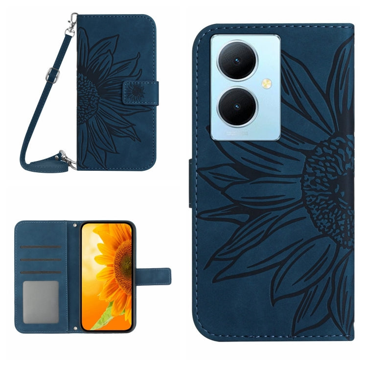 For vivo Y78+ Skin Feel Sun Flower Embossed Flip Leather Phone Case with Lanyard