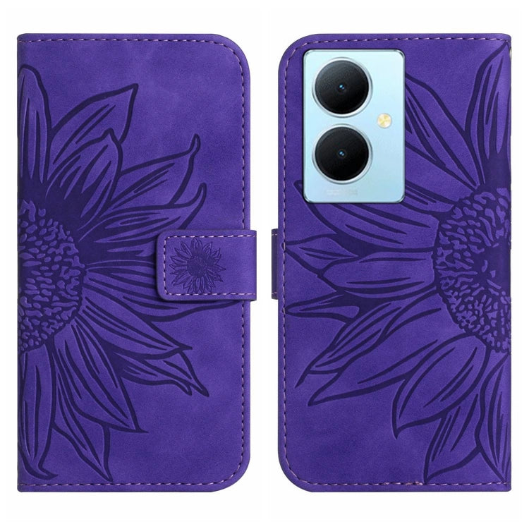For vivo Y78+ Skin Feel Sun Flower Embossed Flip Leather Phone Case with Lanyard