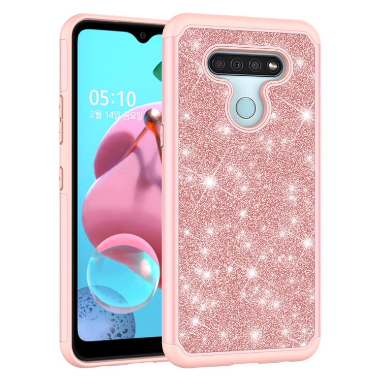 For LG K51 Glitter Powder Contrast Skin Shockproof Silicone + PC Protective Case(Rose Gold)