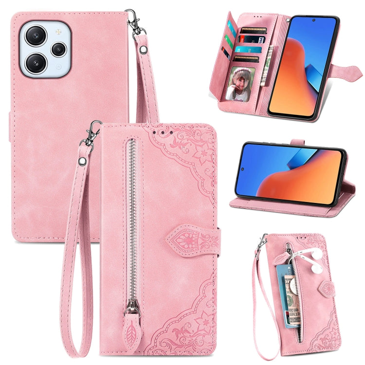 For Xiaomi Redmi 12 Embossed Flower Zipper Leather Phone Case