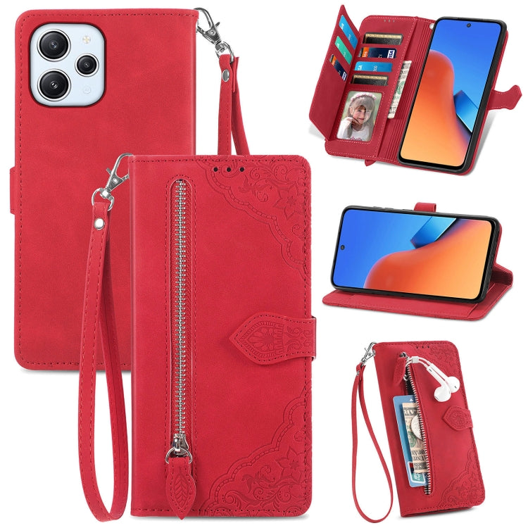For Xiaomi Redmi 12 Embossed Flower Zipper Leather Phone Case