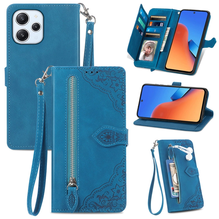 For Xiaomi Redmi 12 Embossed Flower Zipper Leather Phone Case