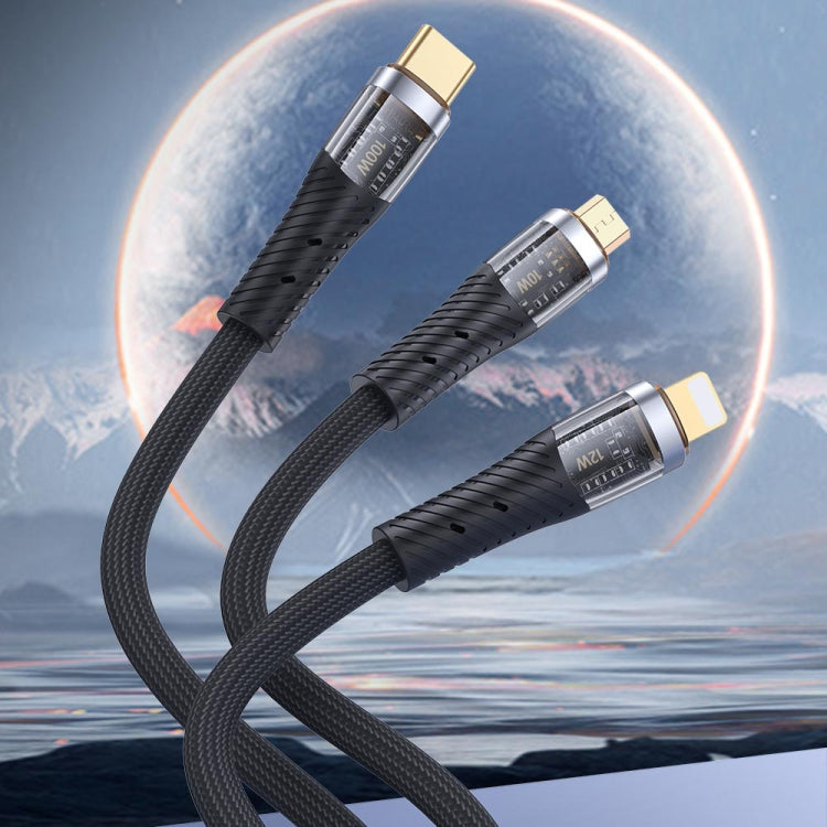 TOTU CB-8-3 100W 3 in 1 USB to 8 Pin+Type-C+Micro USB Transparent Braided Data Cable, Length: 1.5m