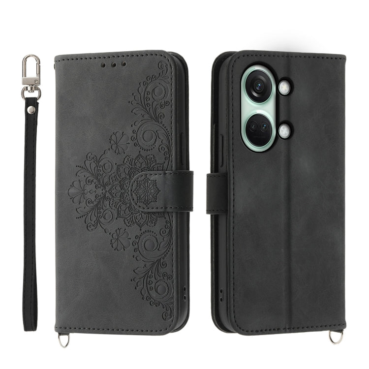 For OnePlus Ace 2V Skin-feel Flowers Embossed Wallet Leather Phone Case