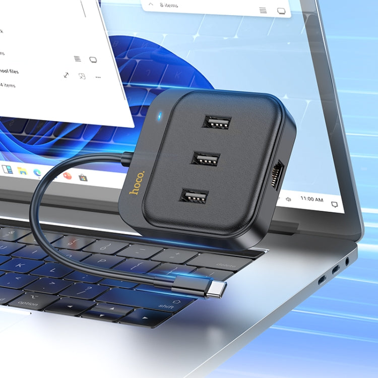 hoco HB35 4 in 1 USB-C / Type-C to USB2.0x3+RJ45 100M Ethernet Adapter, Cable Length: 0.2m(Black)