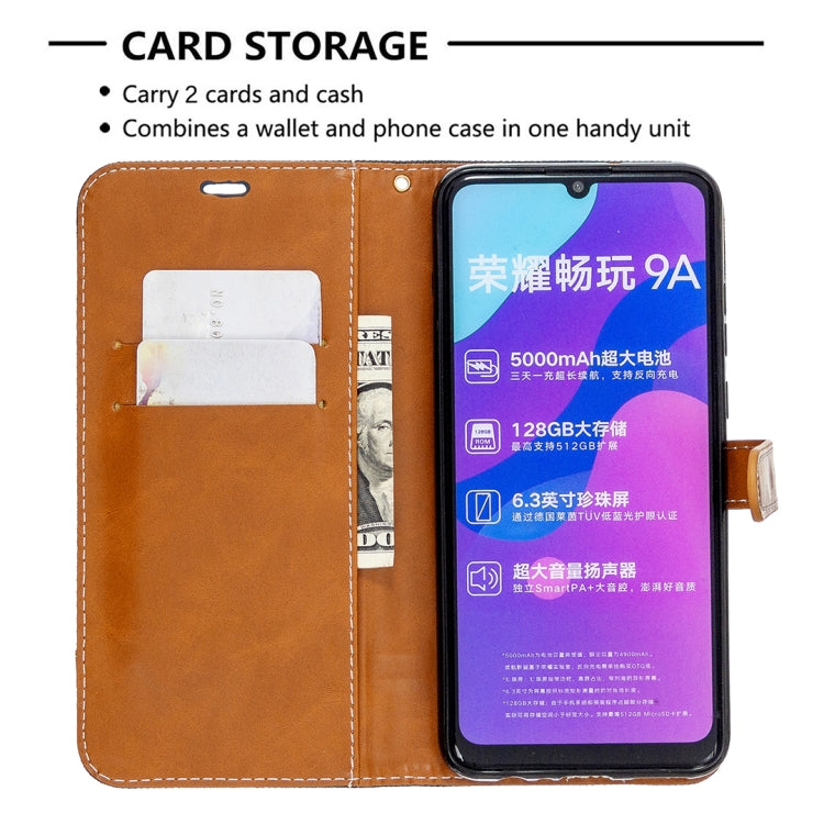 For Huawei Honor 9A Color Matching Denim Texture Horizontal Flip Leather Case with Holder & Card Slots & Wallet & Lanyard