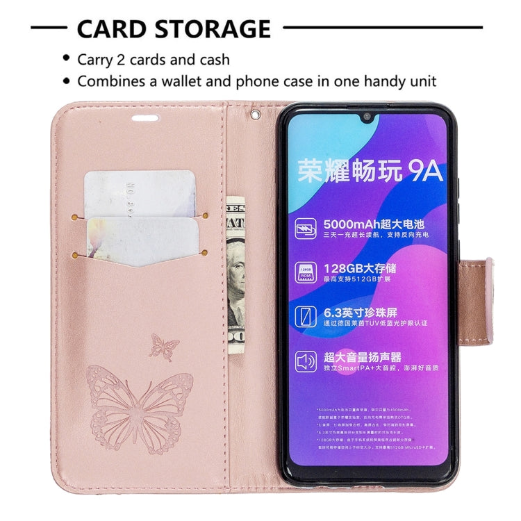 For Huawei Honor 9A Two Butterflies Embossing Pattern Horizontal Flip Leather Case with Holder & Card Slot & Wallet & Lanyard