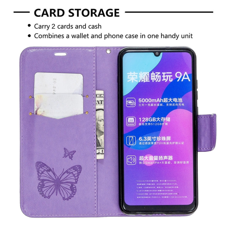 For Huawei Honor 9A Two Butterflies Embossing Pattern Horizontal Flip Leather Case with Holder & Card Slot & Wallet & Lanyard