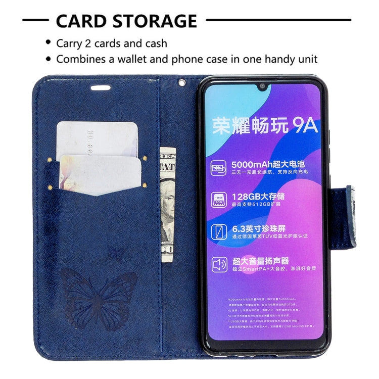 For Huawei Honor 9A Two Butterflies Embossing Pattern Horizontal Flip Leather Case with Holder & Card Slot & Wallet & Lanyard