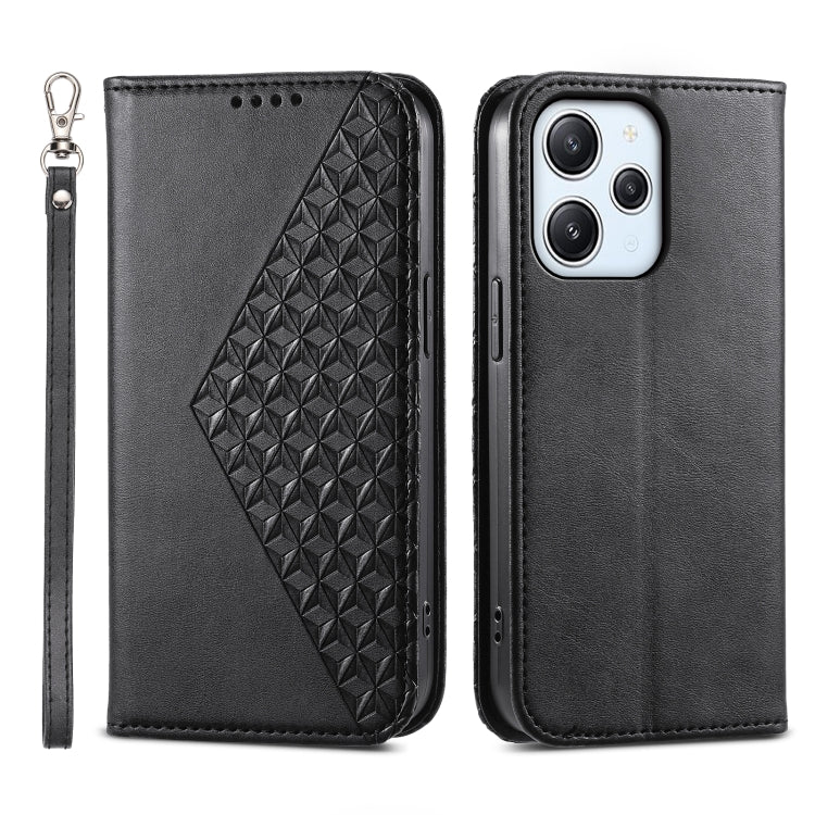 For Xiaomi Redmi 12 Cubic Grid Calf Texture Magnetic Leather Phone Case