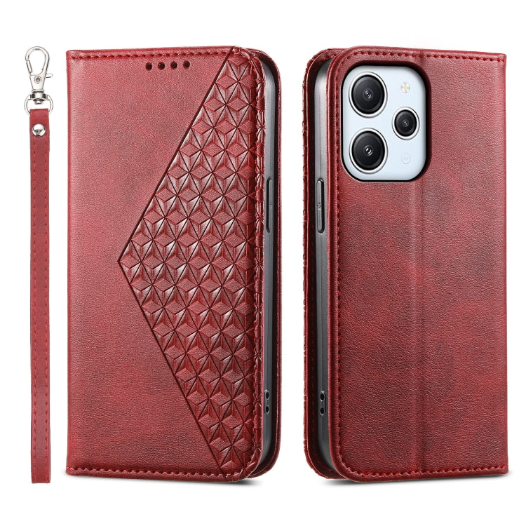 For Xiaomi Redmi 12 Cubic Grid Calf Texture Magnetic Leather Phone Case
