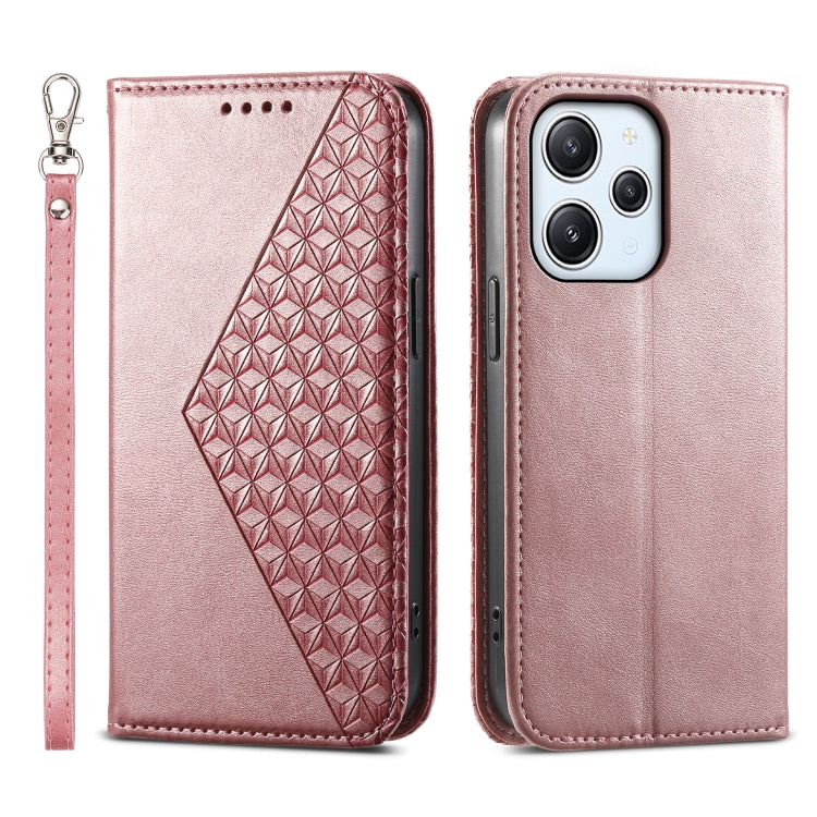 For Xiaomi Redmi 12 Cubic Grid Calf Texture Magnetic Leather Phone Case