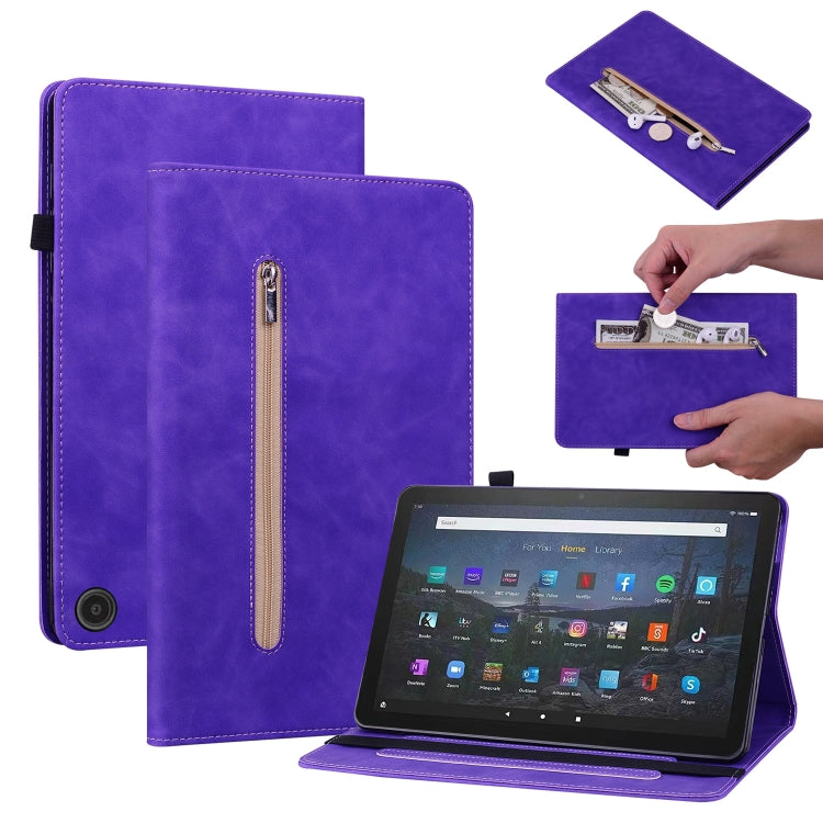 For Amazon Fire Max 11 Skin Feel Solid Color Zipper Leather Tablet Case