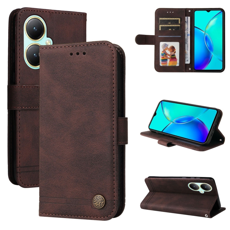 For vivo Y35+ Skin Feel Life Tree Metal Button Leather Phone Case