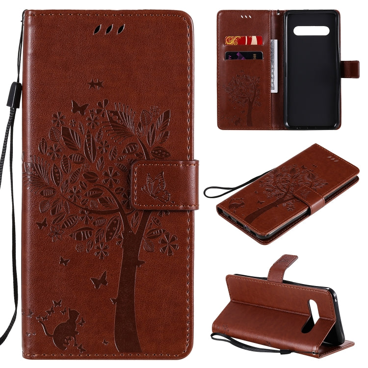 For LG V60 ThinQ 5G Tree & Cat Embossed Pattern Horizontal Flip Leather Case with Holder & Card Slots & Wallet & Lanyard