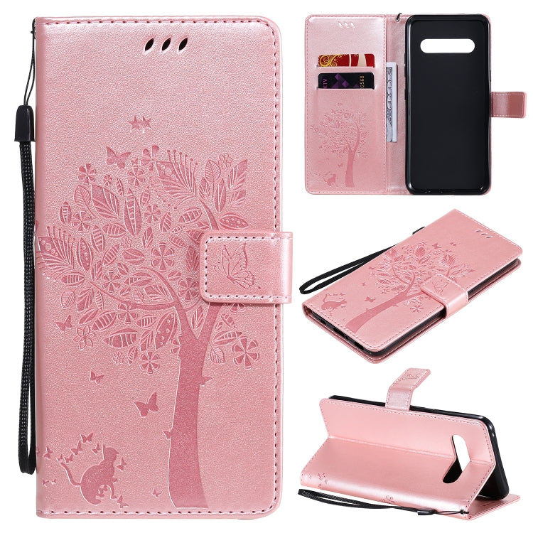 For LG V60 ThinQ 5G Tree & Cat Embossed Pattern Horizontal Flip Leather Case with Holder & Card Slots & Wallet & Lanyard