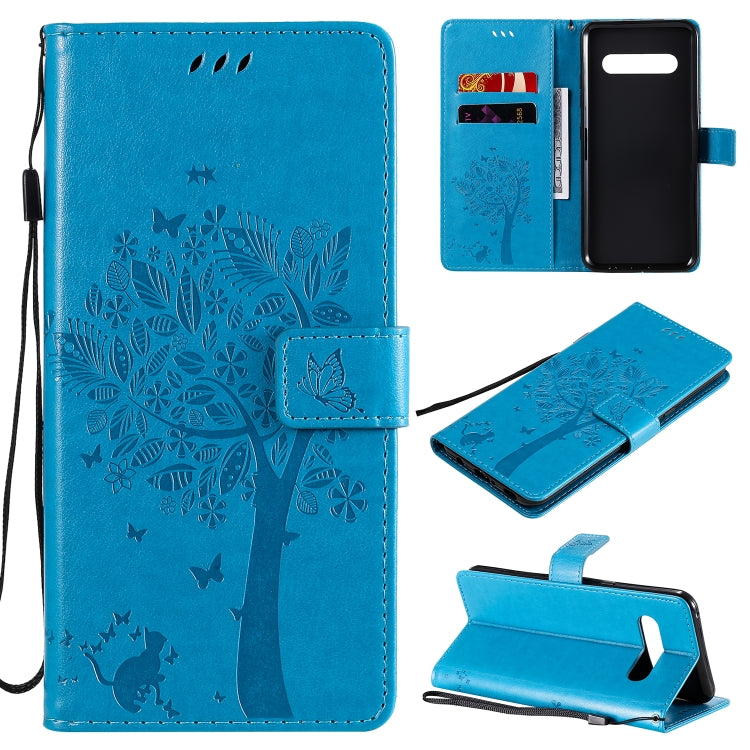 For LG V60 ThinQ 5G Tree & Cat Embossed Pattern Horizontal Flip Leather Case with Holder & Card Slots & Wallet & Lanyard