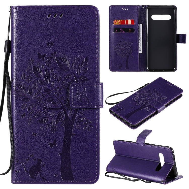 For LG V60 ThinQ 5G Tree & Cat Embossed Pattern Horizontal Flip Leather Case with Holder & Card Slots & Wallet & Lanyard