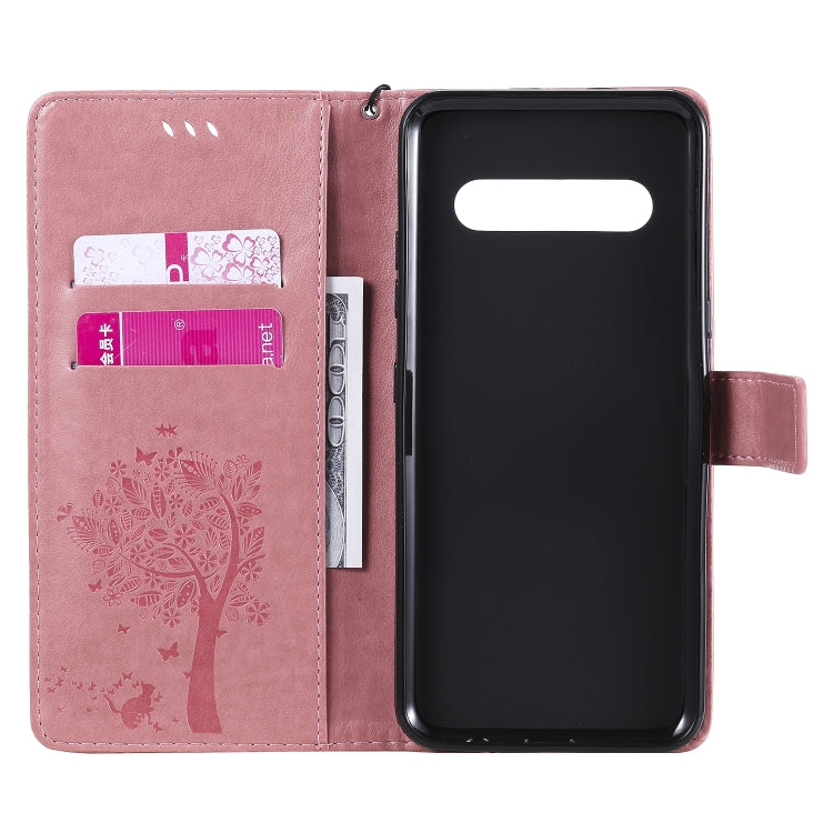 For LG V60 ThinQ 5G Tree & Cat Embossed Pattern Horizontal Flip Leather Case with Holder & Card Slots & Wallet & Lanyard
