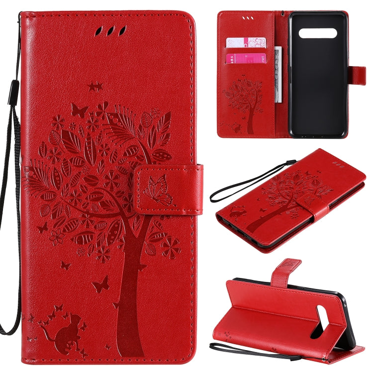 For LG V60 ThinQ 5G Tree & Cat Embossed Pattern Horizontal Flip Leather Case with Holder & Card Slots & Wallet & Lanyard