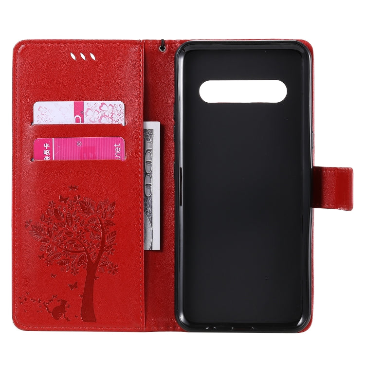 For LG V60 ThinQ 5G Tree & Cat Embossed Pattern Horizontal Flip Leather Case with Holder & Card Slots & Wallet & Lanyard