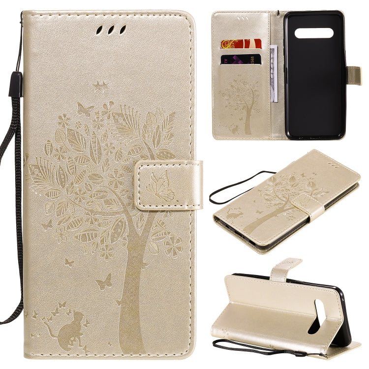 For LG V60 ThinQ 5G Tree & Cat Embossed Pattern Horizontal Flip Leather Case with Holder & Card Slots & Wallet & Lanyard