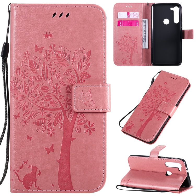 For Motorola Moto G8 Power Tree & Cat Embossed Pattern Horizontal Flip Leather Case with Holder & Card Slots & Wallet & Lanyard