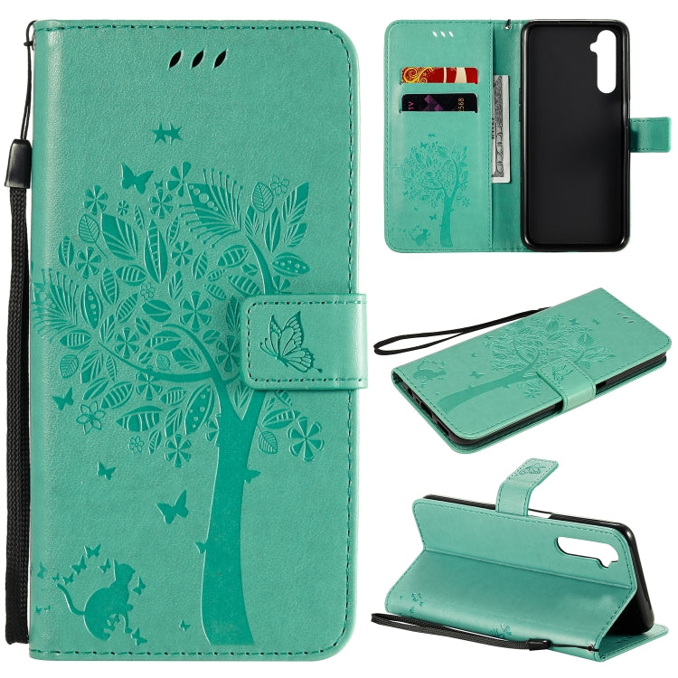 For OPPO Realme 6 Tree & Cat Embossed Pattern Horizontal Flip Leather Case with Holder & Card Slots & Wallet & Lanyard