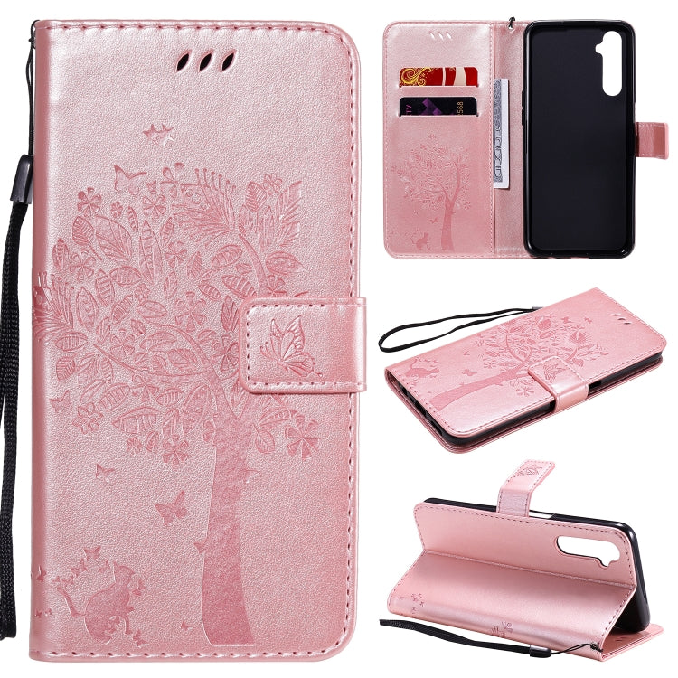 For OPPO Realme 6 Tree & Cat Embossed Pattern Horizontal Flip Leather Case with Holder & Card Slots & Wallet & Lanyard