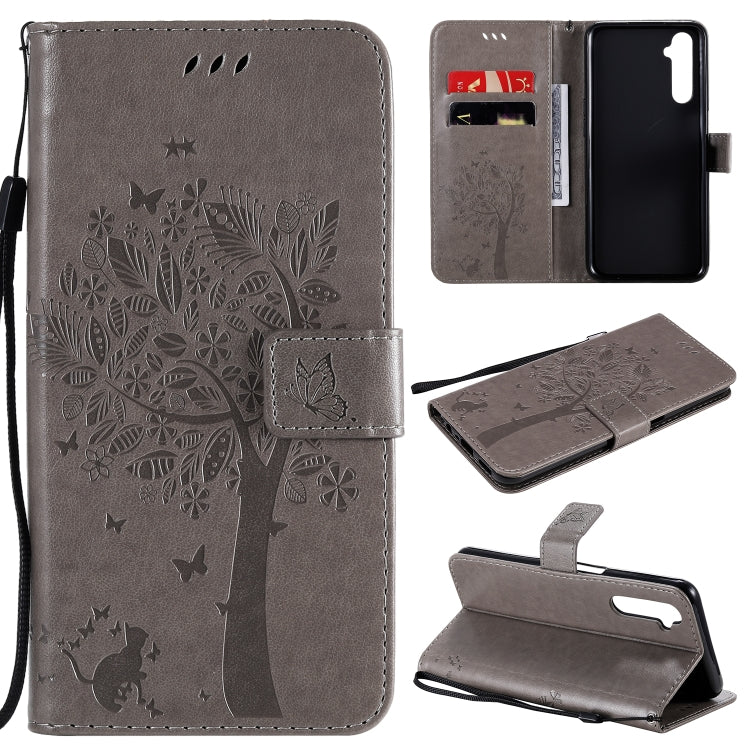For OPPO Realme 6 Tree & Cat Embossed Pattern Horizontal Flip Leather Case with Holder & Card Slots & Wallet & Lanyard